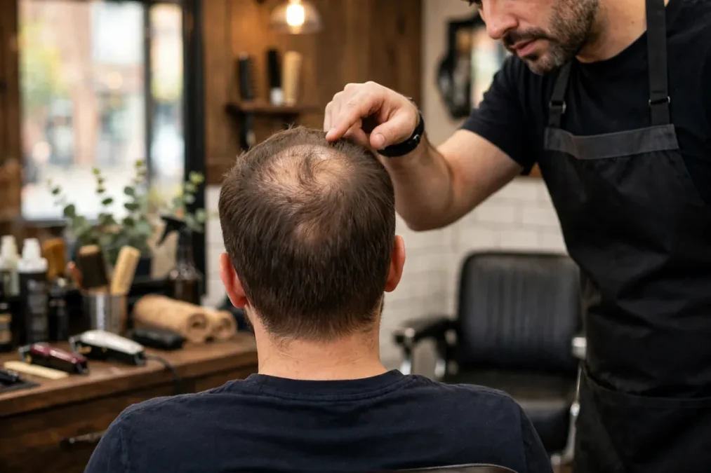 Barber examining the crown at the back of a seated client's head in a barbershop.