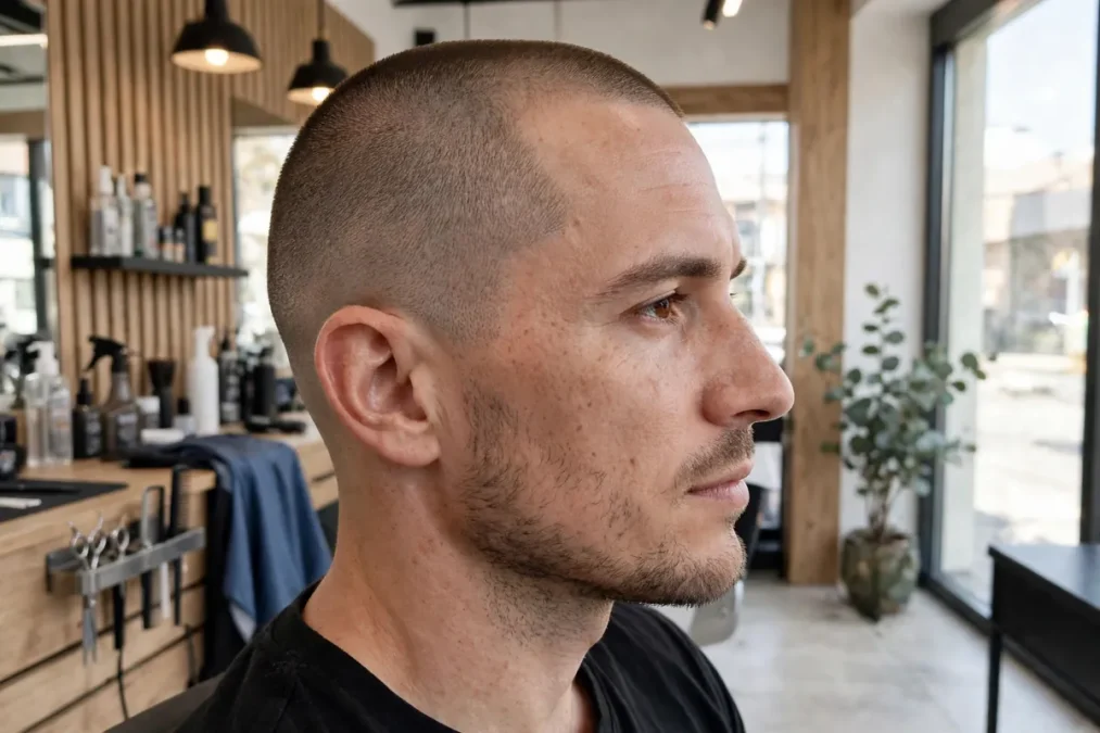 Man with a uniform buzz cut in a barbershop.