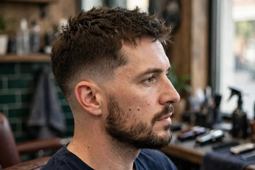 Man with a short textured crop haircut and low-tapered sides in a barbershop.