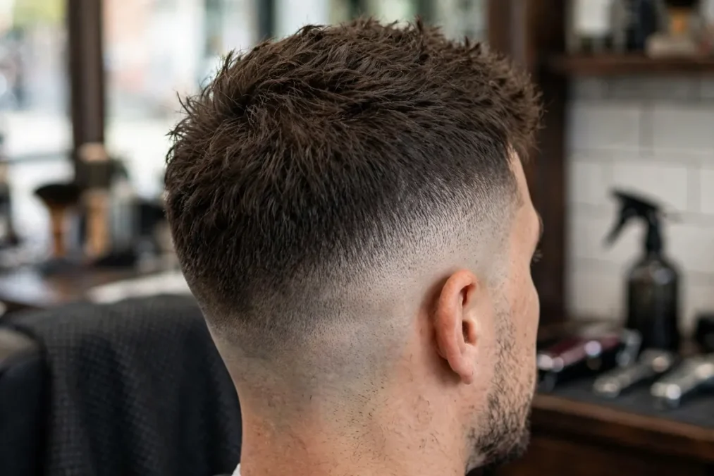 Back and side view of a low taper fade with a short textured top.