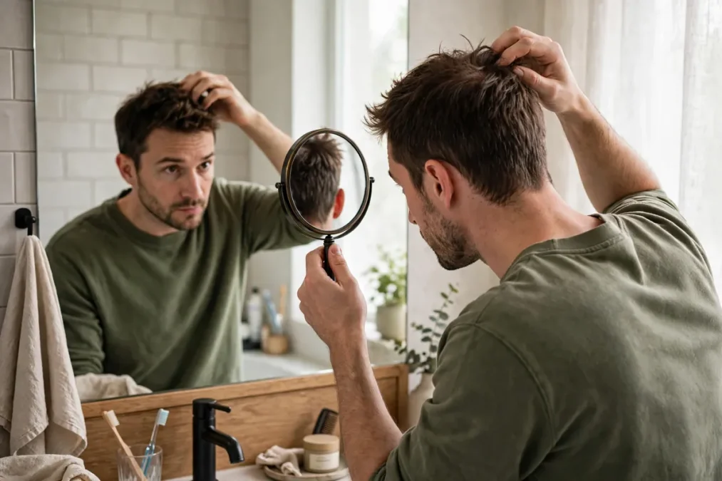 Man checking the back of his head with a hand mirror while styling his hair.