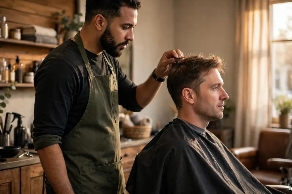 Barber consulting a client about a low-maintenance haircut in a barbershop.