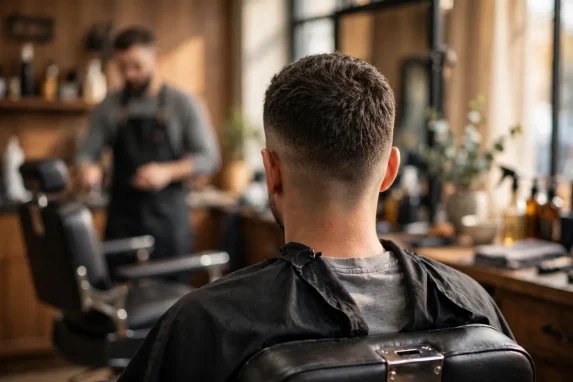 Low-maintenance haircuts for men: back view of a man's short textured haircut in a barbershop.