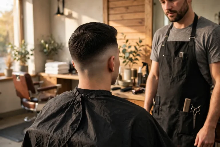Haircut maintenance schedule for men: back view of a man's fresh taper haircut in a barbershop.