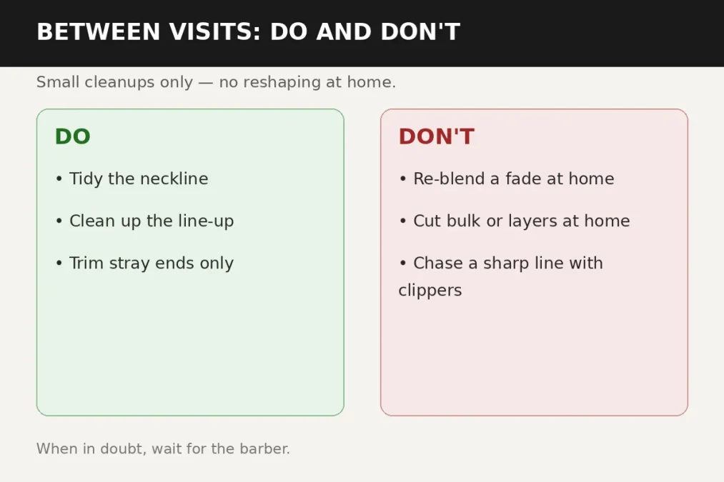 Between barber visits: do tidy the neckline and line-up, don't re-blend a fade at home.