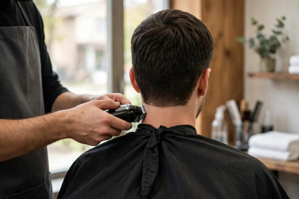 Neckline cleanup: a barber tidying a man's neckline with a trimmer.