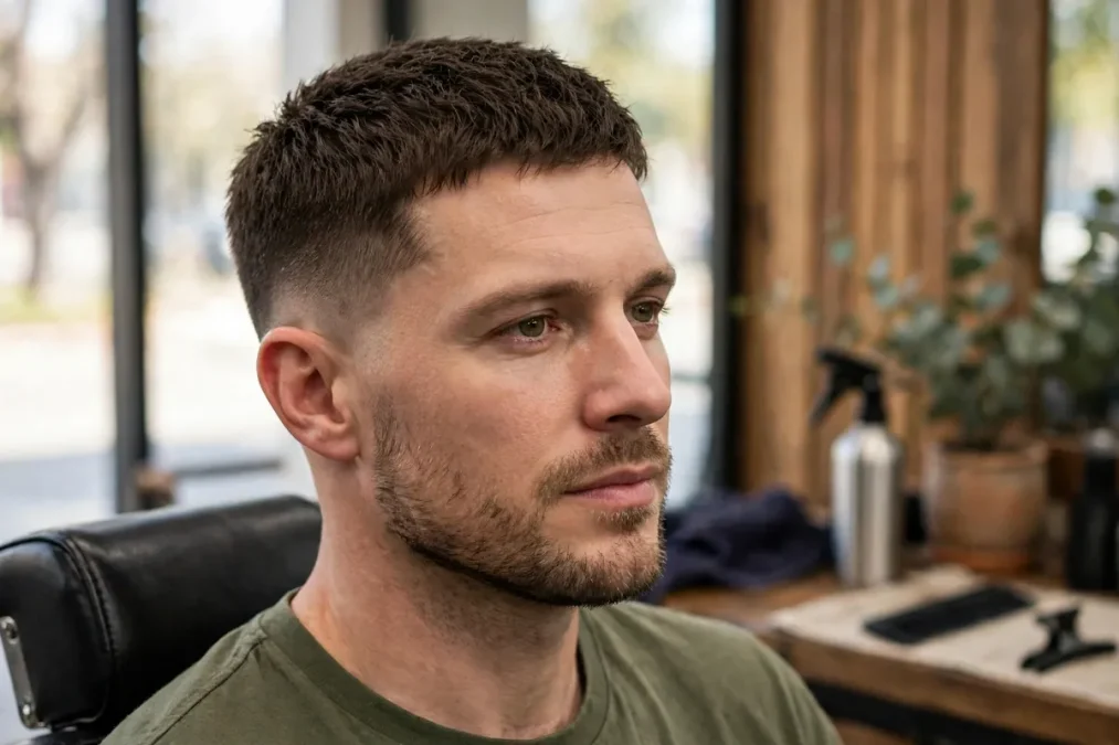 Clay: a matte textured crop haircut with a dry natural finish.
