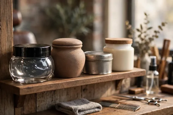 Pomade vs clay vs wax vs paste: four styling product jars on a barbershop shelf.