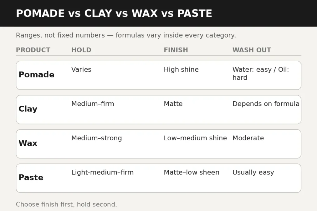 Pomade vs clay vs wax vs paste comparison: hold, finish and washability ranges.