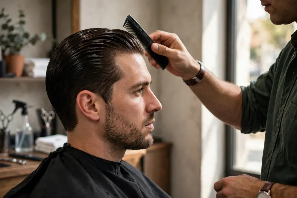Pomade: a slicked-back polished shiny haircut being combed smooth.
