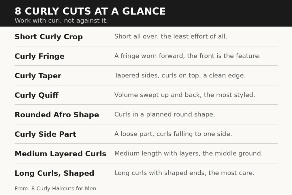 Infographic listing 8 curly haircuts for men